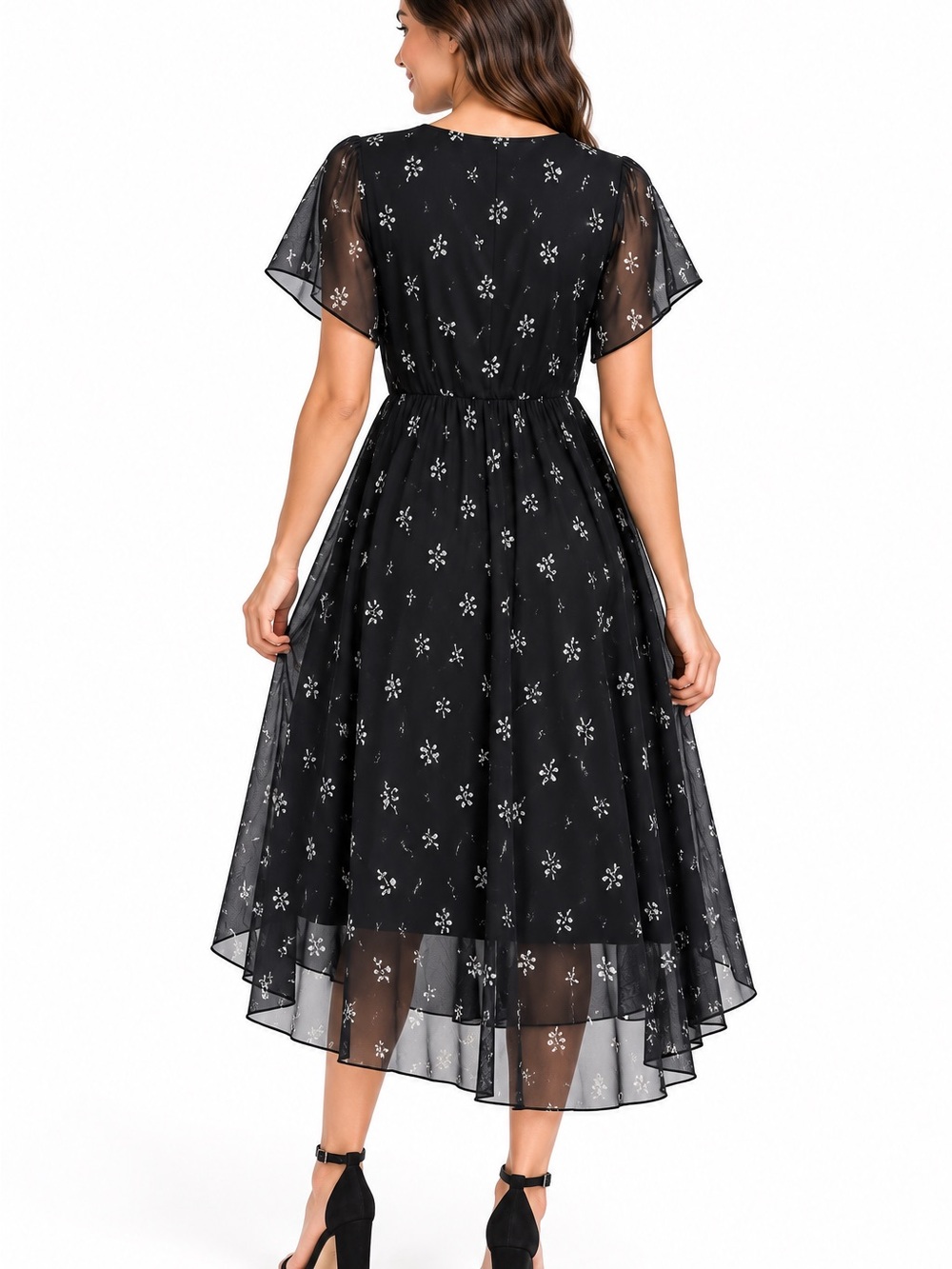 Black Floral High-Low Midi Dress with V-Neck - Picture 3 of 5